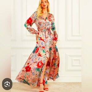 Marciano By Guess 100% Silk Maxi Flowy Dress Colorful Long Sleeve Statement XS